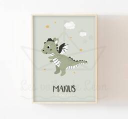 Baby Dragon Poster, Children's Room Decoration, Knight, Baby Shower Gift Idea, Fairy Animals, Stars, Cloud - thumbnail 1