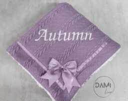 Personalised Purple Knit Baby Blanket Sherpa Lined, Satin Bow