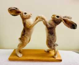 Needle Felted Boxing Hares Handmade Wool Hare Sculpture Pair - 10 Inch British Wildlife Art Collectible Animals