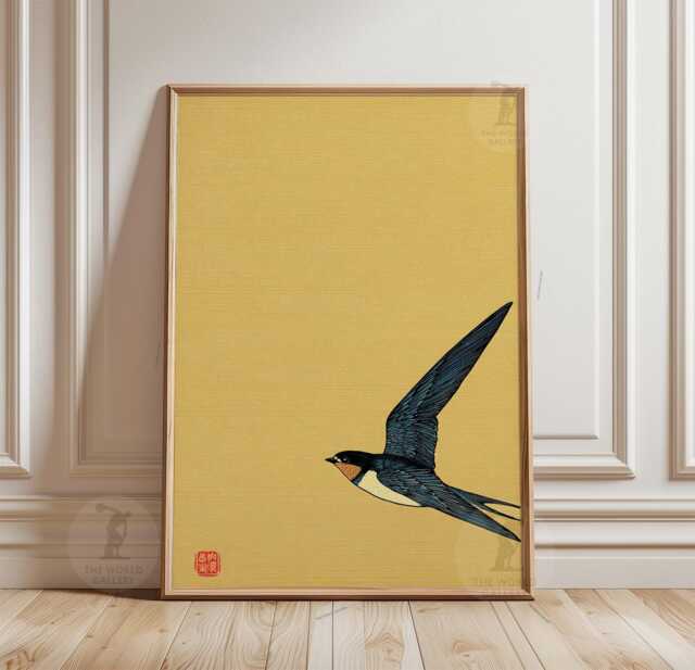 Minimalist Japanese Style Wall Art - Yellow Swallow Bird Poster - image 1