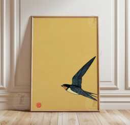 Minimalist Japanese Style Wall Art - Yellow Swallow Bird Poster - thumbnail 1