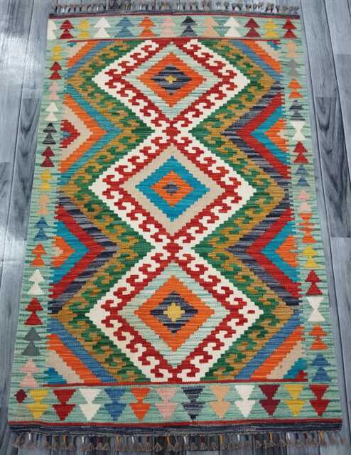 Multicolour Rug, Handmade Artisan Afghan Turkish Scandinavian Navajo Bohemian Flatweave Wool Kilim 154x100 cm - image 1
