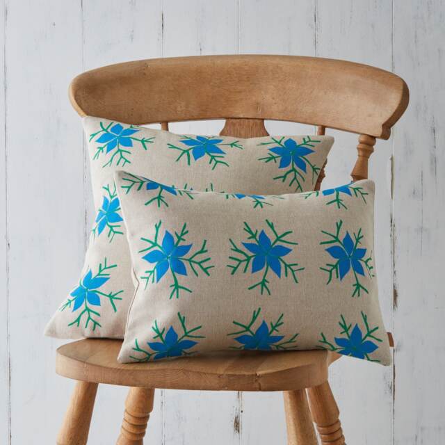Nigella Botanical Screen Printed Floral Country Turquoise Blue Green Linen Cushion Pillow - image 1