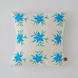 Nigella Botanical Screen Printed Floral Country Turquoise Blue Green Linen Cushion Pillow - thumbnail 4