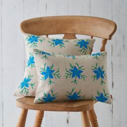 Nigella Botanical Screen Printed Floral Country Turquoise Blue Green Linen Cushion Pillow - thumbnail 1