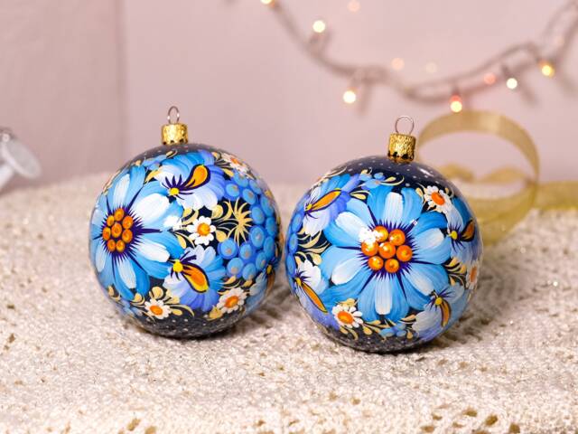 Hand-Painted Christmas Ornament, 3.14 In, Ukrainian Ornaments, Petrykivka Tree Baubles, Unique Blue Flower Balls - image 1