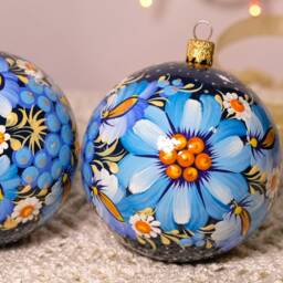 Hand-Painted Christmas Ornament, 3.14 In, Ukrainian Ornaments, Petrykivka Tree Baubles, Unique Blue Flower Balls - thumbnail 2