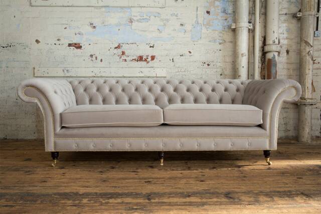 British Handmade Soft Mushroom Velvet 3.5 Seater Chesterfield Sofa - Reflex Foam Cushion Seat - image 1