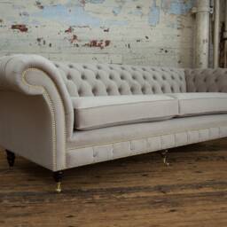 British Handmade Soft Mushroom Velvet 3.5 Seater Chesterfield Sofa - Reflex Foam Cushion Seat - thumbnail 3