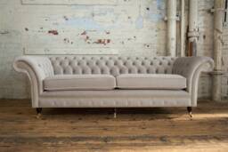 British Handmade Soft Mushroom Velvet 3.5 Seater Chesterfield Sofa - Reflex Foam Cushion Seat