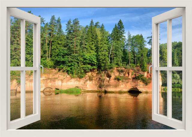Lake & Trees Wall Decal, Sticker, Forest Decal, 3D Window View Mural, Frame Nature Sticker