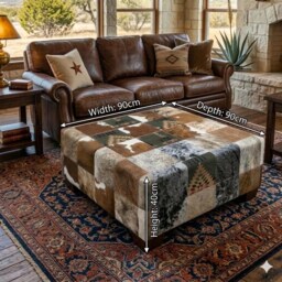Genuine Cowhide X Navajo Wool Padded Patchwork Ottoman Footstool - thumbnail 4