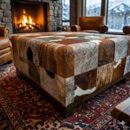 Genuine Cowhide X Navajo Wool Padded Patchwork Ottoman Footstool - thumbnail 3