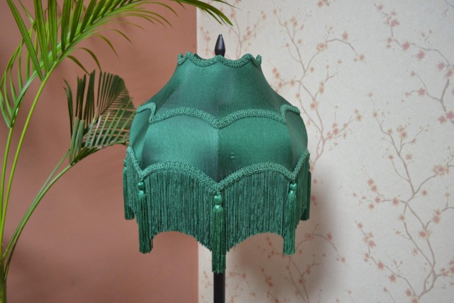 Hand-stitched Green Silk Lampshade Scalloped Fringe Victorian Shade - image 1
