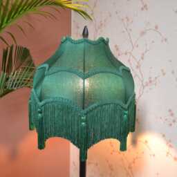 Hand-stitched Green Silk Lampshade Scalloped Fringe Victorian Shade - thumbnail 3