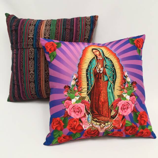 Our Lady Of Guadalupe Pillow Cover, Virgin Mary With Roses, Purple Decorative - image 1