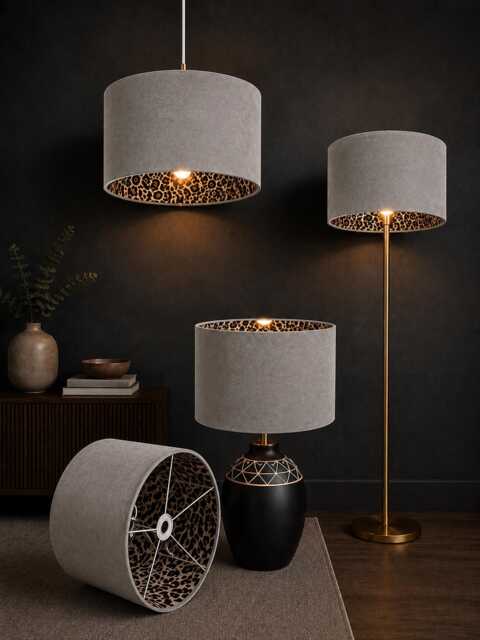 New Luxury Hq Double Sided Glacier Grey Velvet & Leopard Print Brown Combination Lamp Shade Pendant Light - image 1