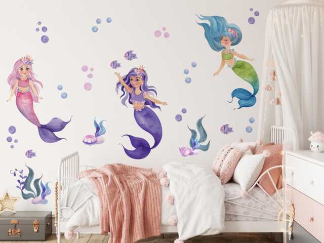 Watercolor Mermaids Ocean Animals Wall Decal, Nursery Girl's Room Decor, Mermaid Art, Girls Sticker - image 1