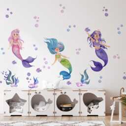 Watercolor Mermaids Ocean Animals Wall Decal, Nursery Girl's Room Decor, Mermaid Art, Girls Sticker - thumbnail 3