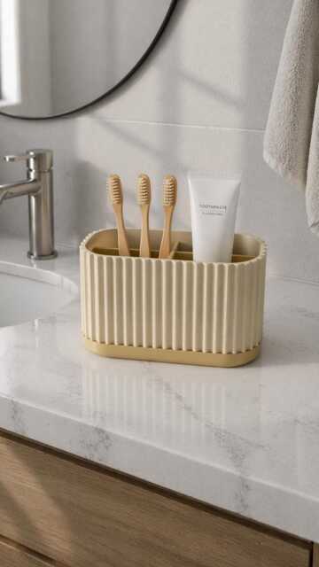 Ribbed Bathroom Organizer Minimalist - Toothbrush Holder Stand Modern Vanity Storage Japandi Neutral Decor Countertop Sink - image 1