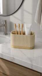 Ribbed Bathroom Organizer Minimalist - Toothbrush Holder Stand Modern Vanity Storage Japandi Neutral Decor Countertop Sink - thumbnail 1
