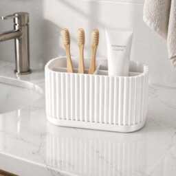 Ribbed Bathroom Organizer Minimalist - Toothbrush Holder Stand Modern Vanity Storage Japandi Neutral Decor Countertop Sink - thumbnail 4