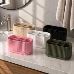 Ribbed Bathroom Organizer Minimalist - Toothbrush Holder Stand Modern Vanity Storage Japandi Neutral Decor Countertop Sink - thumbnail 2