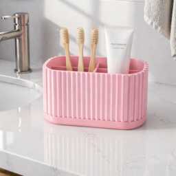 Ribbed Bathroom Organizer Minimalist - Toothbrush Holder Stand Modern Vanity Storage Japandi Neutral Decor Countertop Sink - thumbnail 3