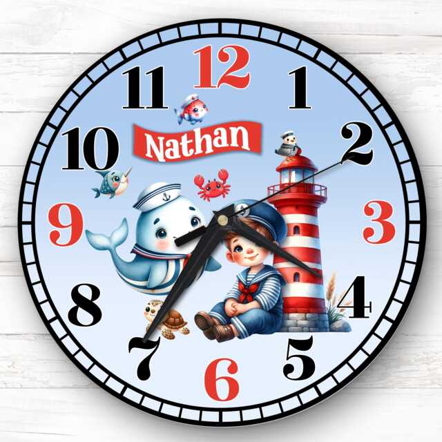 Sealife Sailor Boy Personalised Gift For Kid's Bedroom Clock - Kids Clock, Children's Decor, Custom Wall - image 1