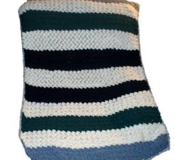 Handmade Crochet Baby Blanket, Blue Teal Striped Afghan, Lap Throw