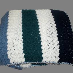 Handmade Crochet Baby Blanket, Blue Teal Striped Afghan, Lap Throw - thumbnail 3