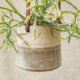 Beige & Gray Hanging Planter With Leather Straps - Minimalist Pottery - thumbnail 3