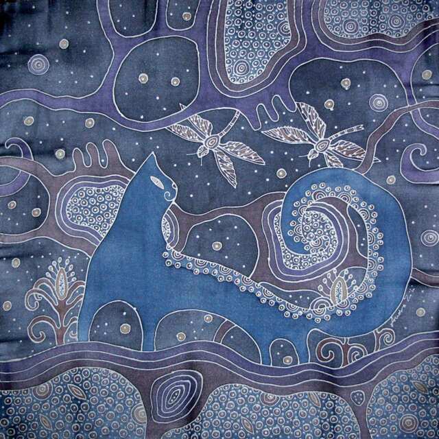 Blue Cat Painting For Home Decor, Gift Lover, Wall Hanging Navy, Art Deco Art, Silk Made To Order, Custom Orders - image 1