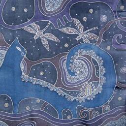 Blue Cat Painting For Home Decor, Gift Lover, Wall Hanging Navy, Art Deco Art, Silk Made To Order, Custom Orders - thumbnail 2