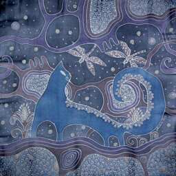 Blue Cat Painting For Home Decor, Gift Lover, Wall Hanging Navy, Art Deco Art, Silk Made To Order, Custom Orders - thumbnail 1