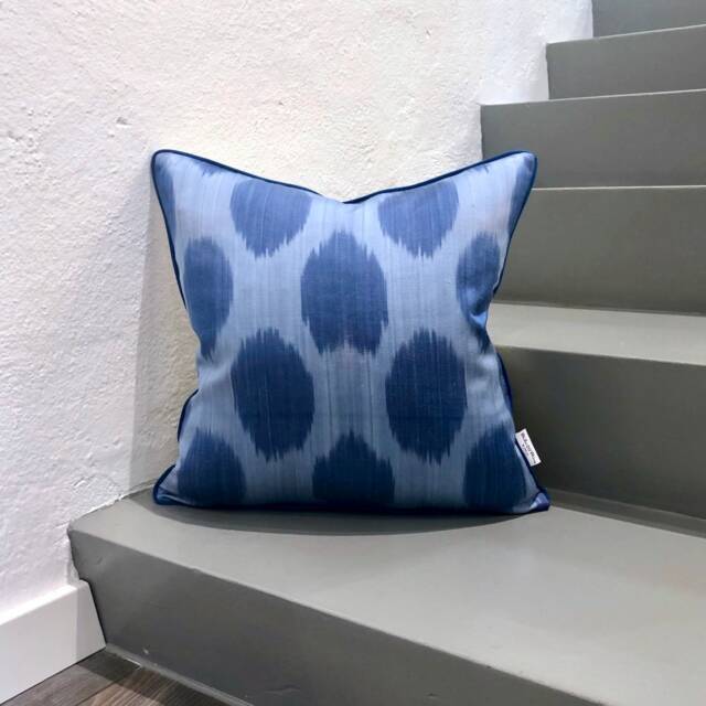 Silk Ikat Pillow Cover Dots Denim - Statement Cushion For Home Decor - image 1