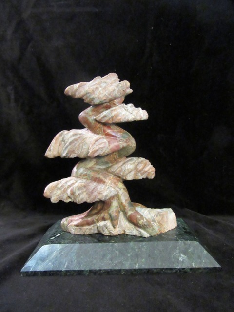 Bonsai in The Wind - Natural Expressive Stone Tree Sculpture Hand Carved Green & Red Breccia Argillite Rock Beautiful Creative Gift - image 1