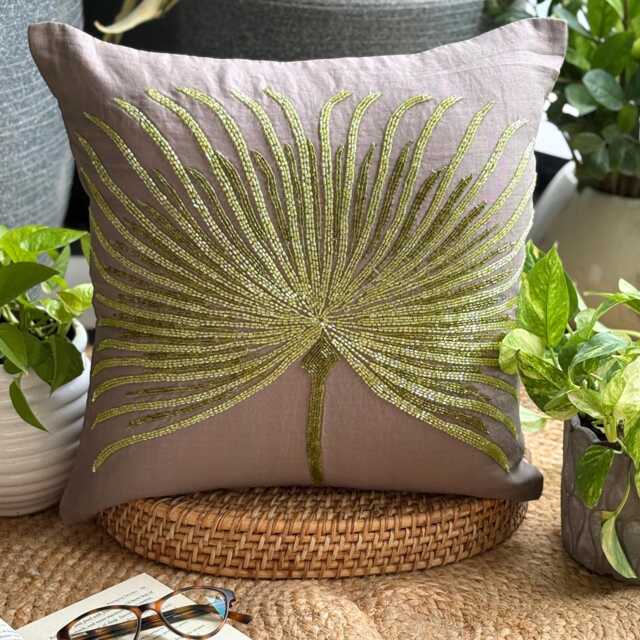 Brown Cotton Linen Beaded Modern Decorative Throw Pillow Cover, 16x16 Nature & Floral Couch, Sofa, Or Outdoor Cushion Cover-Together We Grow - image 1