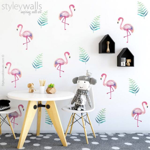 Flamingo Wall Decal, Watercolor Sticker, Decor, Tropical Leaves Decal Living Room Home Decor - image 1