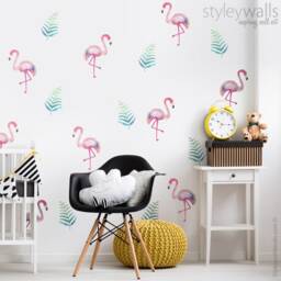 Flamingo Wall Decal, Watercolor Sticker, Decor, Tropical Leaves Decal Living Room Home Decor - thumbnail 2