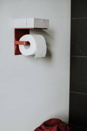 White Oak Toilet Paper Holder With Shelf, Copper Metal Details