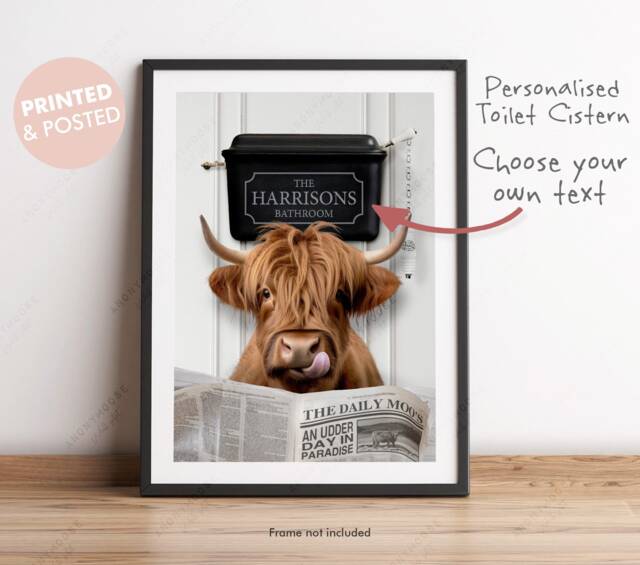 Personalised Cistern Text Highland Cow On Toilet With Newspaper, Funny Bathroom Print, Animal Toilet, Family, Wedding, New Home Gift - image 1