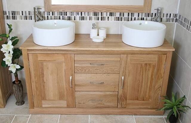 Bathroom Oak Vanity Unit - Double & Sink Cabinet Ceramic Wash Basin Tap & Plug 02Acbcx2 - image 1
