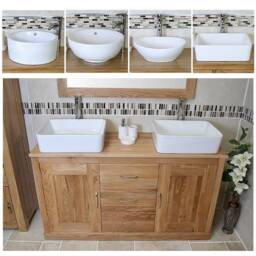 Bathroom Oak Vanity Unit - Double & Sink Cabinet Ceramic Wash Basin Tap & Plug 02Acbcx2 - thumbnail 2