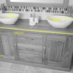 Bathroom Oak Vanity Unit - Double & Sink Cabinet Ceramic Wash Basin Tap & Plug 02Acbcx2 - thumbnail 4