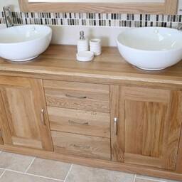 Bathroom Oak Vanity Unit - Double & Sink Cabinet Ceramic Wash Basin Tap & Plug 02Acbcx2 - thumbnail 3
