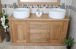 Bathroom Oak Vanity Unit - Double & Sink Cabinet Ceramic Wash Basin Tap & Plug 02Acbcx2
