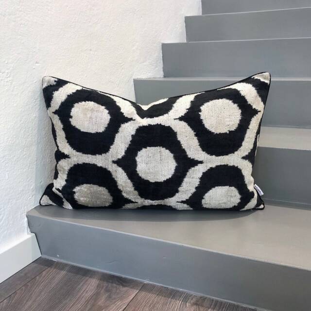 Velvet Ikat Pillow Cover Ogee Black - Decorative Cushion For Sofa Or Bed - image 1