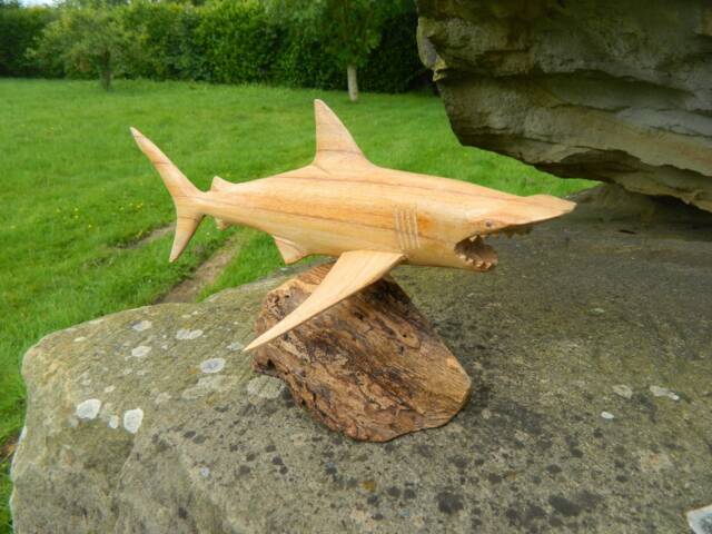 Hand Carved Wooden Shark - Hammerhead On Parasite Wood - image 1