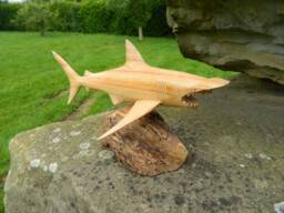 Hand Carved Wooden Shark - Hammerhead On Parasite Wood - thumbnail 1